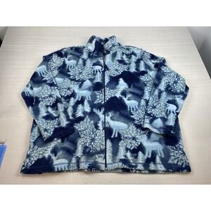 St Johns Bay Woman 2X Fleece Zip Up‎ Jacket Blue Reindeer Snowflake Vintage